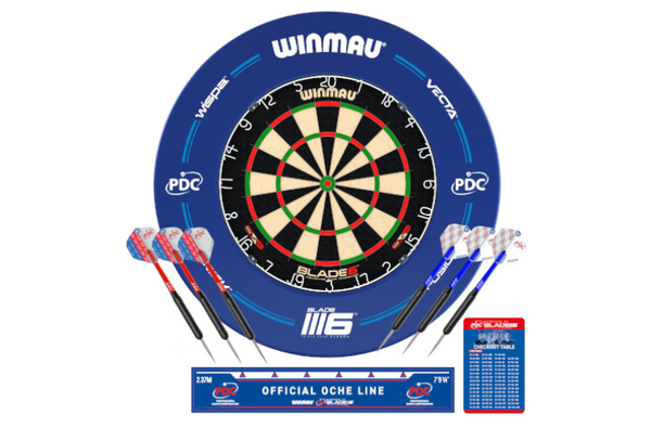 PDC DARTBOARD & SURROUND SET BLADE 6 + BLUE SURROUND + OCHE LINE + CHECKOUT CARD