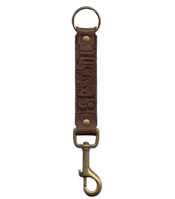 Lucky 13 M.F.G. CO. is a genuine leather key fob with embossed logo, ring, and attached key clip in brown